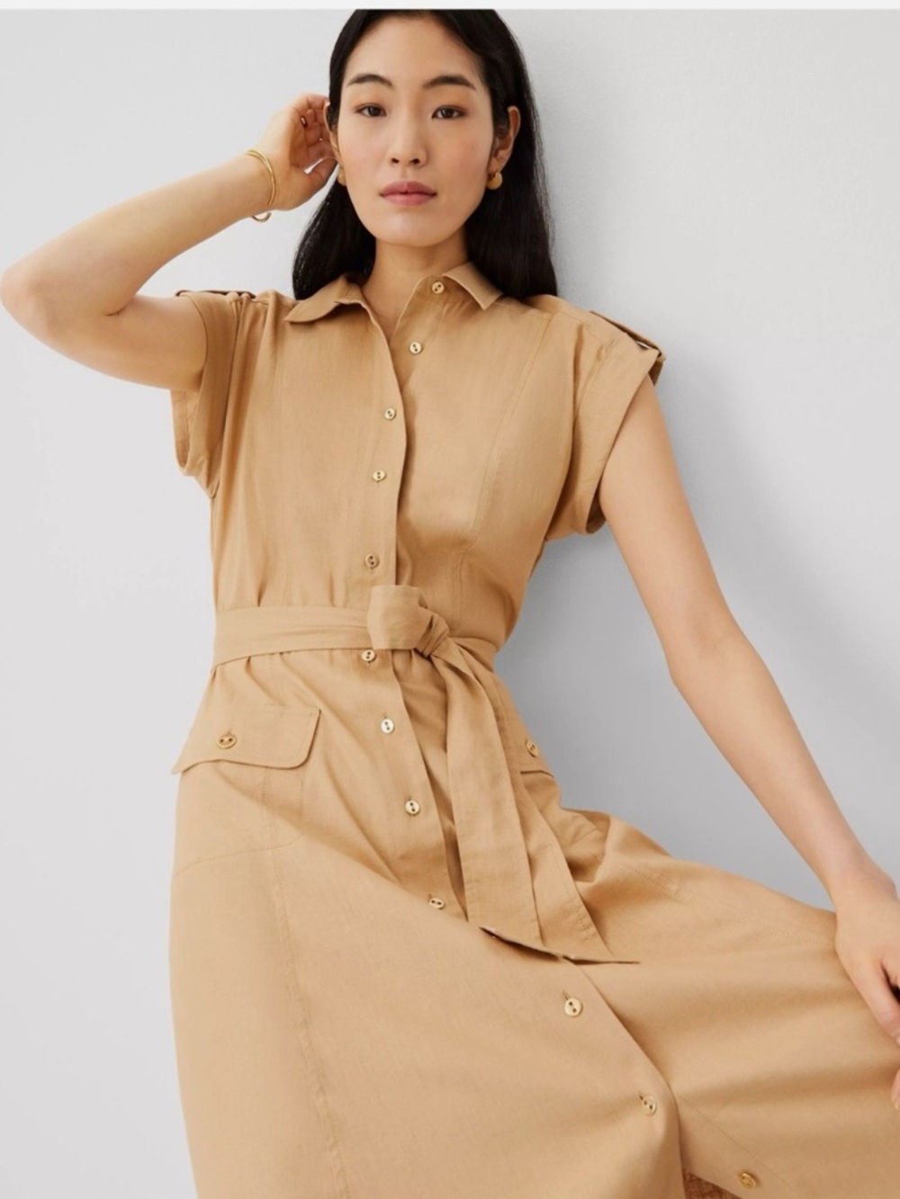 NWT Ann Taylor Linen Blend Collared Midi Dress $169 Tan Size 8 Petite - Picture 3 of 9